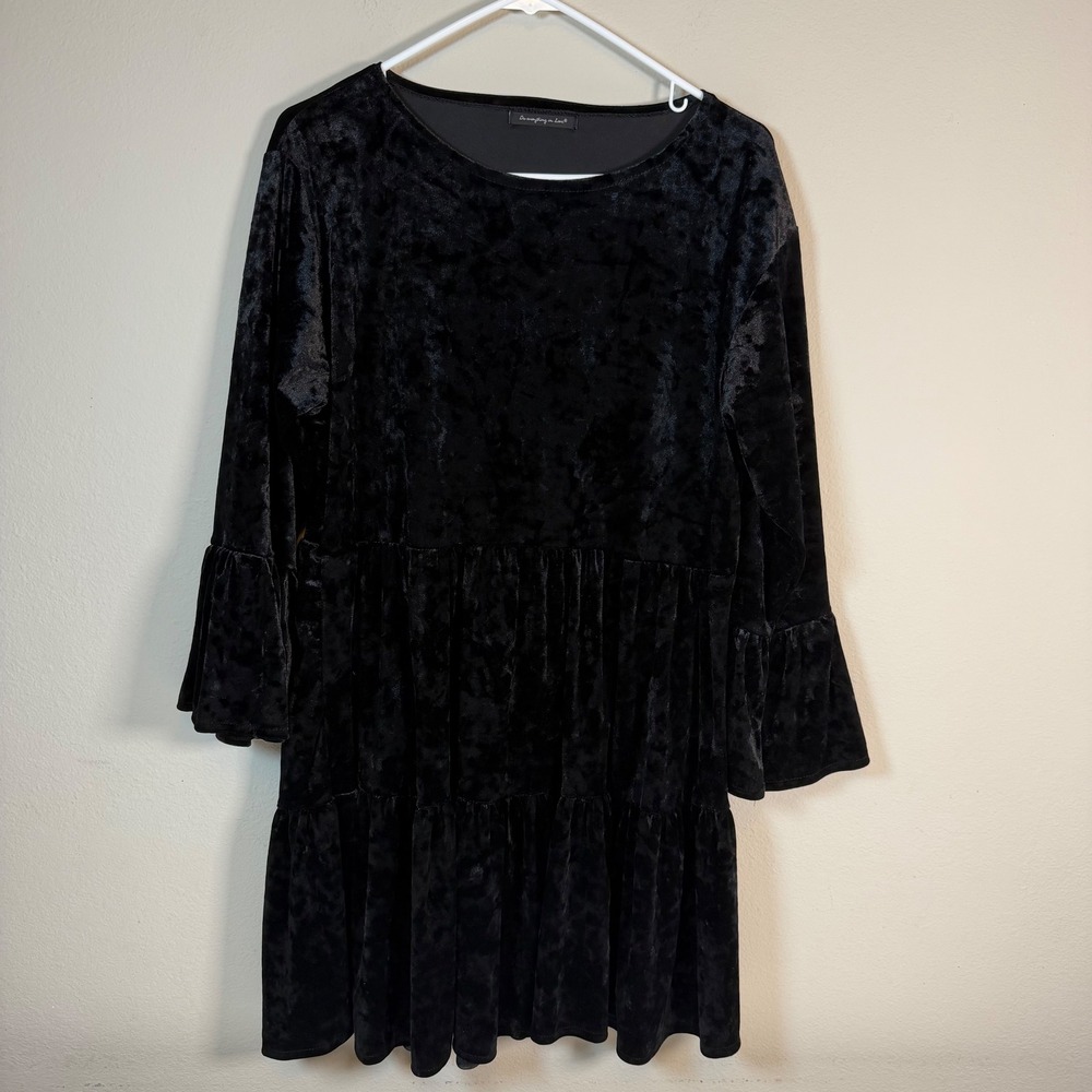Black Crushed Velvet Tiered Babydoll Dress One Size Bell Sleeve Boho Goth Witchy